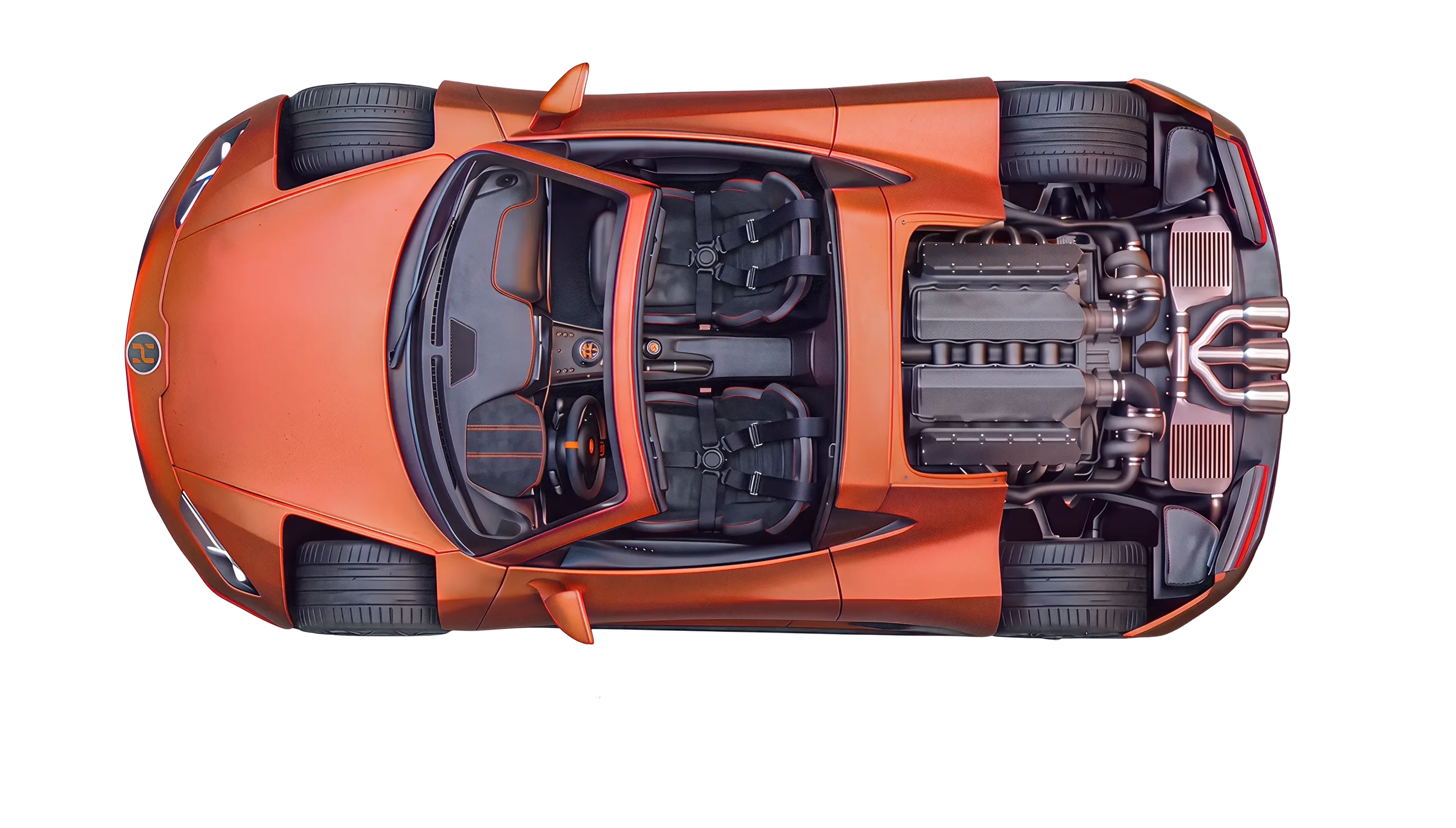 Top-down view of the HIOS Vexta X with the roof off and the engine exposed